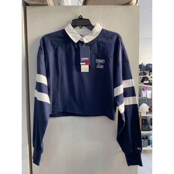TH WOMAN TOP CROP BLUE WHITE STRIPES