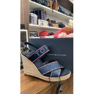 TOMMY WEBBING HIGH WEDGE SANDAL BRANDED STRAP DESERT SKY