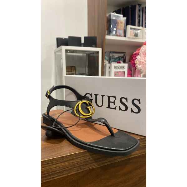 GUESS FLAT SANDAL BRONZE LOGO BLACK