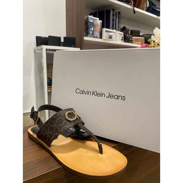 CK SANDAL BROWN PATTERN GOLD LOGO