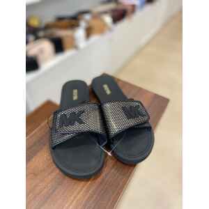 MK SLIDERS BLACK GOLD FLAP