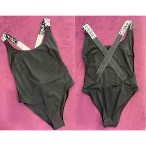 CK SWIMSUIT BLACK BRANDED STRAPS GRAY CROOS BACK