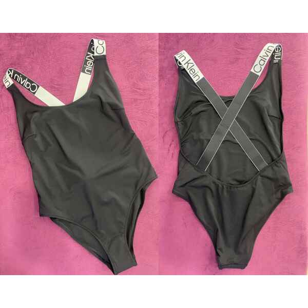 CK SWIMSUIT BLACK BRANDED STRAPS GRAY CROOS BACK