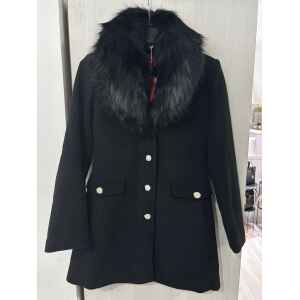 GUESS COAT BLACK FUR HOOD GOLD BUTTONS
