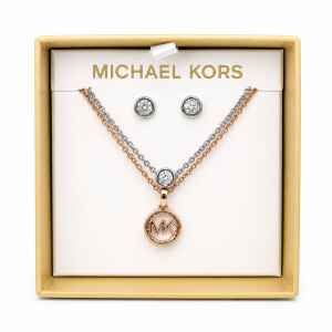 MK BOX SILVER EARRINGS/SILVER AND ROSEGOLD NECKLACE