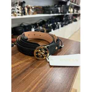 GUESS BLACK LOGO BELT GOLD BUCKLE