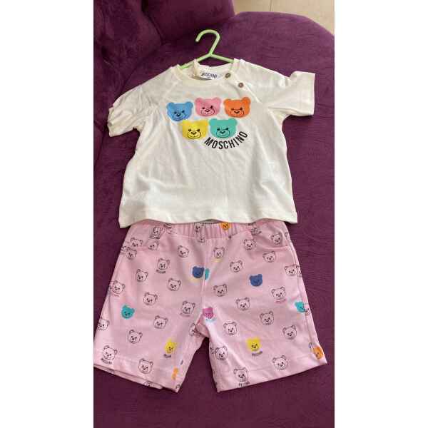 MOSCHINO TSHIRT AND SHORTS CREAM/PINK COLORED TEDDY BEARS