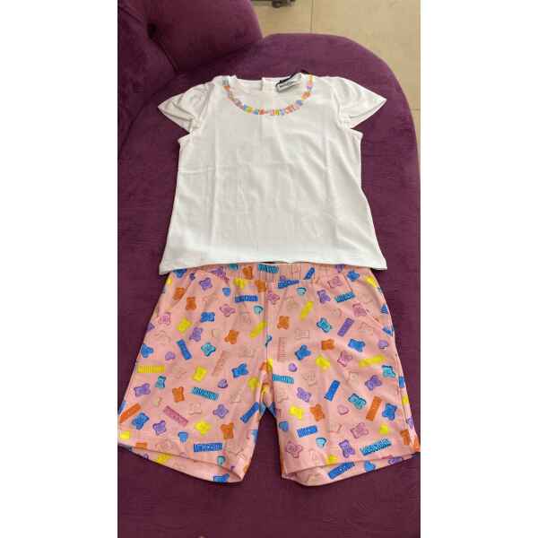 MOSCHINO SET TSHIRT/SHORTS WHITE PINK COLORED TEDDY BEARS