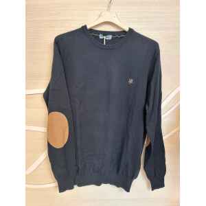 HBJ SWEATER NAVY BLUE ROUND NECK BEIGE LOGO