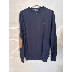 HBJ SWEATER BLUE ROUND NECK BEIGE LOGO