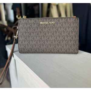 MK PURSE DOUBLE ZIP BROWN LOGO