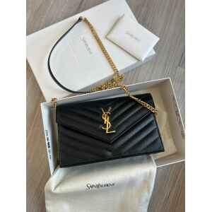 SAINT LAURENT CASSANDRE ENVELOPE CHAIN WALLET IN BLACK