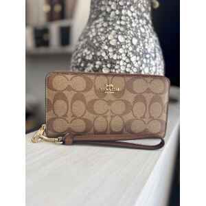 COACH KHAKI/SADDLE WALLET ZIP