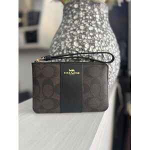 COACH CRN ZP SG LTHR POUCH BROWN/BLACK