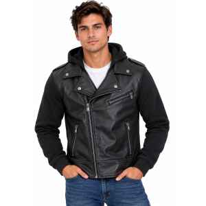 CK LEATHER JACKET SIDE ZIP HOOD BLACK
